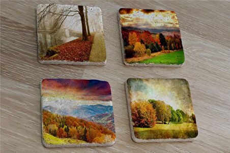 Sonbahar Manzaraları Doğal Taş Bardak Altlığı 4'lü set - Natural Stone Coasters