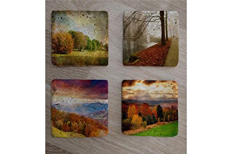 Sonbahar Manzaraları Doğal Taş Bardak Altlığı 4'lü set - Natural Stone Coasters