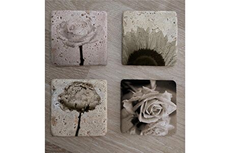 Siyah Beyaz Çiçekler Doğal Taş Bardak Altlığı 4'lü set - Natural Stone Coasters