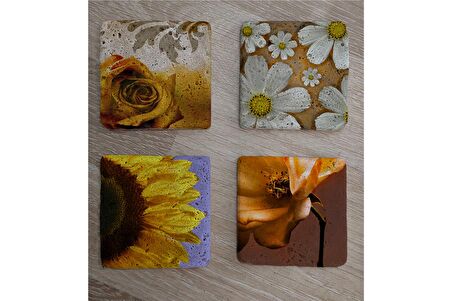 Sarı Gül ve Çiçekler Doğal Taş Bardak Altlığı 4'lü set - Natural Stone Coasters