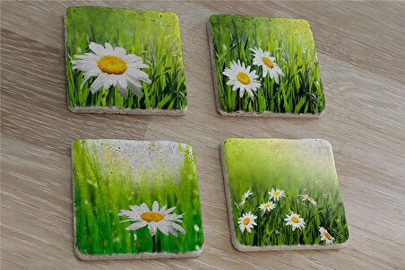 Papatyalar Doğal Taş Bardak Altlığı 4'lü set - Natural Stone Coasters