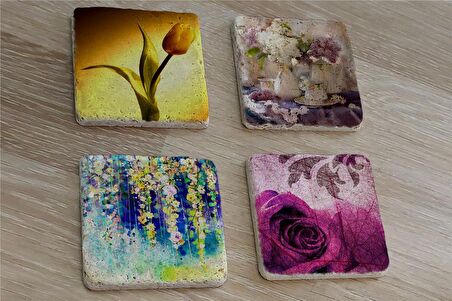 Lale ve Çiçekler Doğal Taş Bardak Altlığı 4'lü set - Natural Stone Coasters