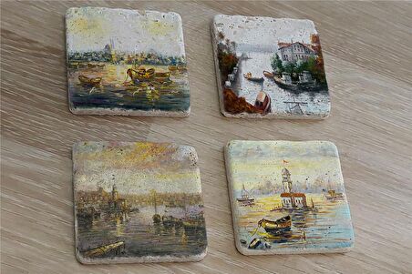 İstanbul Manzaraları Doğal Taş Bardak Altlığı 4'lü set - Natural Stone Coasters