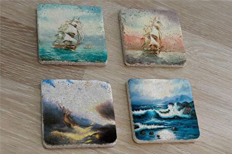 Ivan Aivazovsky Deniz ve Yelkenliler Doğal Taş Bardak Altlığı 4'lü set - Natural Stone Coasters