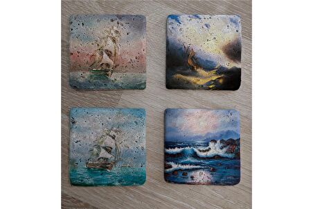 Ivan Aivazovsky Deniz ve Yelkenliler Doğal Taş Bardak Altlığı 4'lü set - Natural Stone Coasters