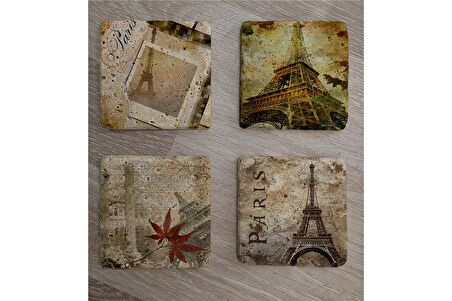 Kolaj Eyfel ve Paris Doğal Taş Bardak Altlığı 4'lü set - Natural Stone Coasters