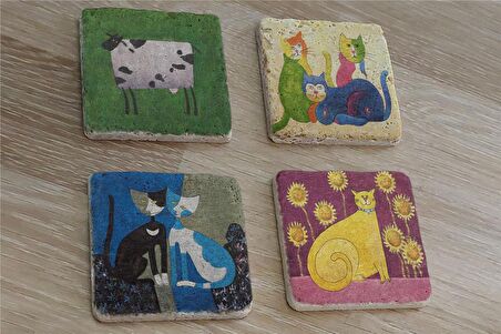Sevimli Kediler ve İnek Doğal Taş Bardak Altlığı 4'lü set - Natural Stone Coasters