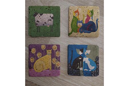 Sevimli Kediler ve İnek Doğal Taş Bardak Altlığı 4'lü set - Natural Stone Coasters