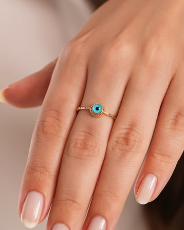 Debora Jewelry 14 Ayar Altın Nazar Boncuklu Minimal Yüzük