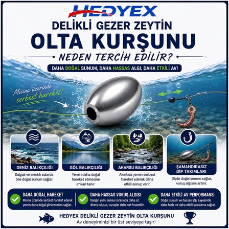 Hedyex 3 Gr 300 Adet (900 Gr) Olta Kurşunu Delikli Gezer Zeytin