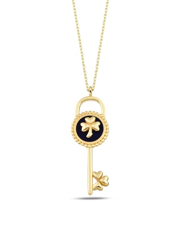 Debora Jewelry 14 Ayar Altın Çiçekli Mineli Kilit Lacivert Kolye