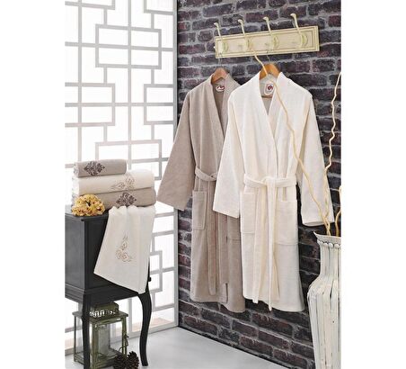 Cotton Box Nakışlı Aile Bornoz Seti Toprak Bej