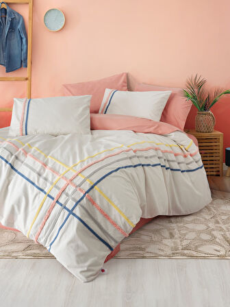 Cotton Box Puff Nakışlı Çift Kişilik Nevresim Takımı Linea Somon