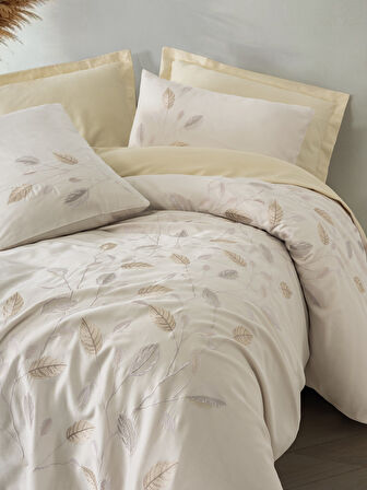 Cotton Box Nakışlı Saten Çift Kişilik Nevresim Takımı Blade Bej