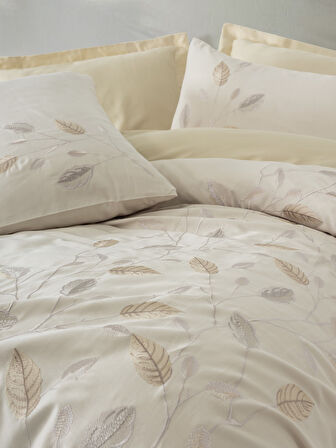 Cotton Box Nakışlı Saten Çift Kişilik Nevresim Takımı Blade Bej