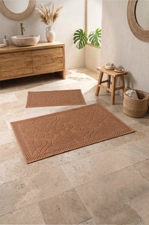 Cotton Box Aura Jakarlı Kaymaz Taban Pamuklu Paspas Seti Vine Coral 60x90+40x60
