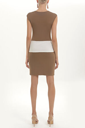 Bej Kontrast renkli triko elbise 27929 | 44