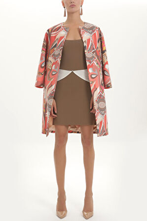 Bej Kontrast renkli triko elbise 27929 | 44