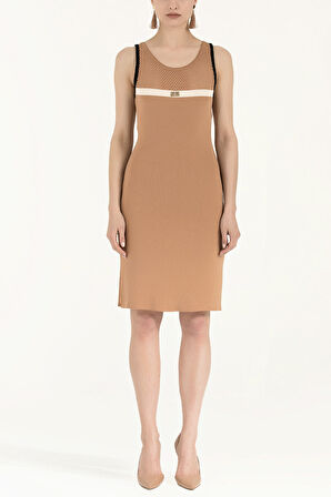 Bej File örgülü triko elbise 28064 | 44