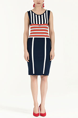 Lacivert Çizgili ve taşlı triko elbise 28032 | 40