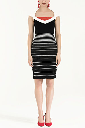 Siyah Çizgili triko elbise 28093 | 44