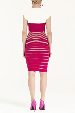 Fuşya Çizgili triko elbise 28093 | 44