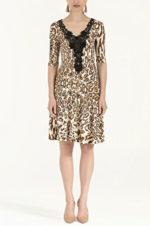 Taba Güpürlü leopar desen mini  elbise 90824 | 40