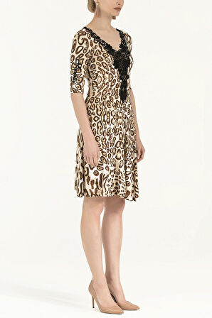 Taba Güpürlü leopar desen mini  elbise 90824 | 40