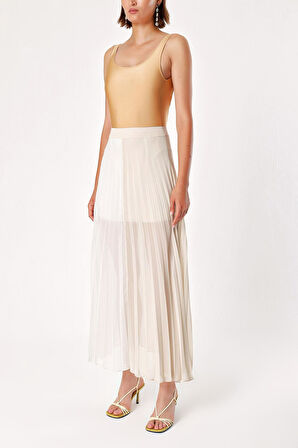 Ekru Bej Pilili fermuarlı uzun etek 80503 | 46