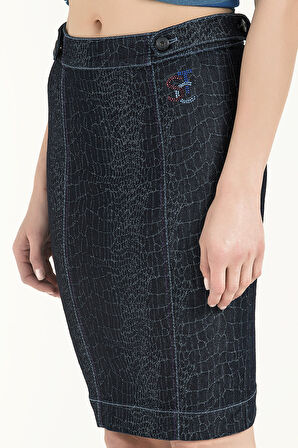 Lacivert Düğmeli ve taşlı denim etek 80521 | 40
