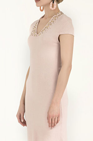 Pudra Kristal taşlı triko elbise 28292 | 42