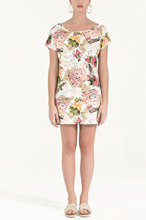 Ekru Desenli Örme mini Elbise  91021 | 44