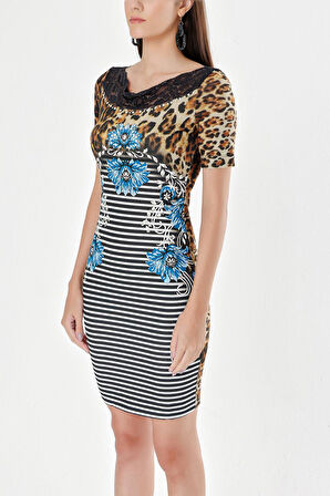 Leopar Dantel detaylı dar kesim kısa elbise 91140 | 42