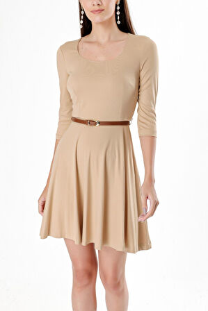 Bej Kemerli dirsek kollu mini elbise 91218 | 40
