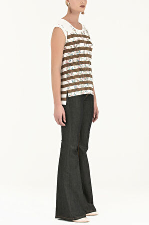 Ekru Baskılı kolsuz triko bluz 28445 | 42