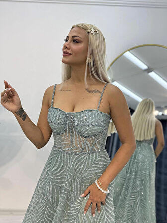 Transparan Boncuk İşlemeli Prenses Abiye