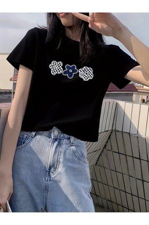 Unisex Ekose Desenli Çiçek Baskılı Tasarım Tshirt