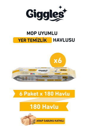 Giggles Mopa Uyumlu Yer Temizlik Havlusu 8 Katlı 4XL Arap Sabunu Katkılı 6 Paket 180 Adet Havlu