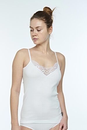 Kadın Pamuklu Penyesi Ri̇bana V-yaka İp Askılı Güpürlü Atlet - 2004