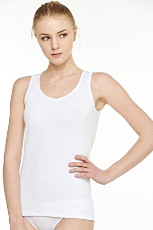 Kadın Pamuklu Ri̇bana V-yaka Kalın Askılı Beyaz Atlet - 2012