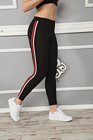 Kadın Pamuklu Bilek  Boy Yanı Kırmızı Çi̇zgi̇li̇ Sporcu Li̇kralı Tayt - 4903 - 4078