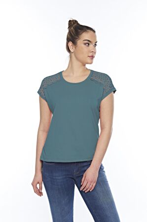 Kadın Pamuklu Modal Kolsuz Dantelli̇ Üst Comfort Fi̇t Tişört Teal - 2408