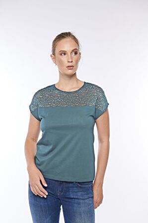 Kadın Pamuklu Modal Comfort Fi̇t Dantelli̇ Tişört Teal - 2407