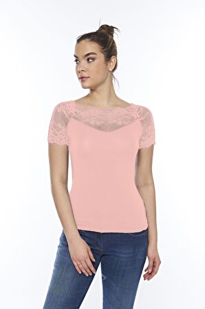 Kadın Modal Dantelli̇ Kısa Kollu Üst Likralı Tişört - 2281