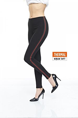 Kadın Pamuklu Yana Çi̇zgi̇li̇ Kışlık Si̇yah Termal Tayt - 4886
