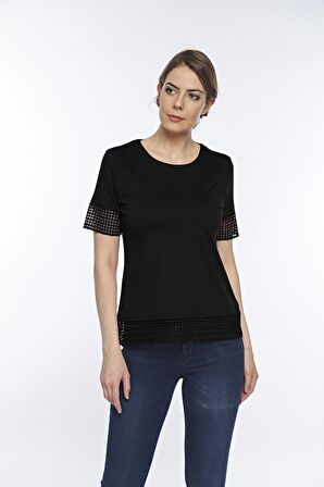 Kadın Pamuklu Modal Kısa Kollu Dantelli̇ Üst Comfort Fi̇t Tişört - 2412
