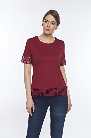 Kadın Pamuklu Modal Kısa Kollu Dantelli̇ Üst Comfort Fi̇t Tişört - 2412