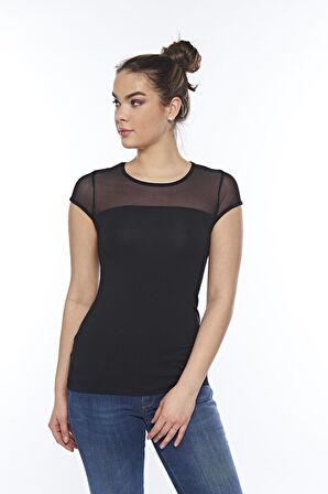 Kadın Modal Kısa Kollu Tüllü Üst Likralı Tişört - 2282