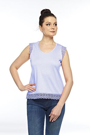 Kadın Pamuklu Modal Kolsuz Üst Comfort Fi̇t Güpürlü Tişört - 2415