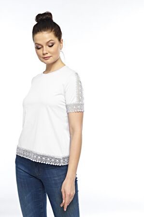 Kadın Pamuklu Modal Kısa Kollu Üst Comfort Fi̇t Güpürlü Tişört - 2416